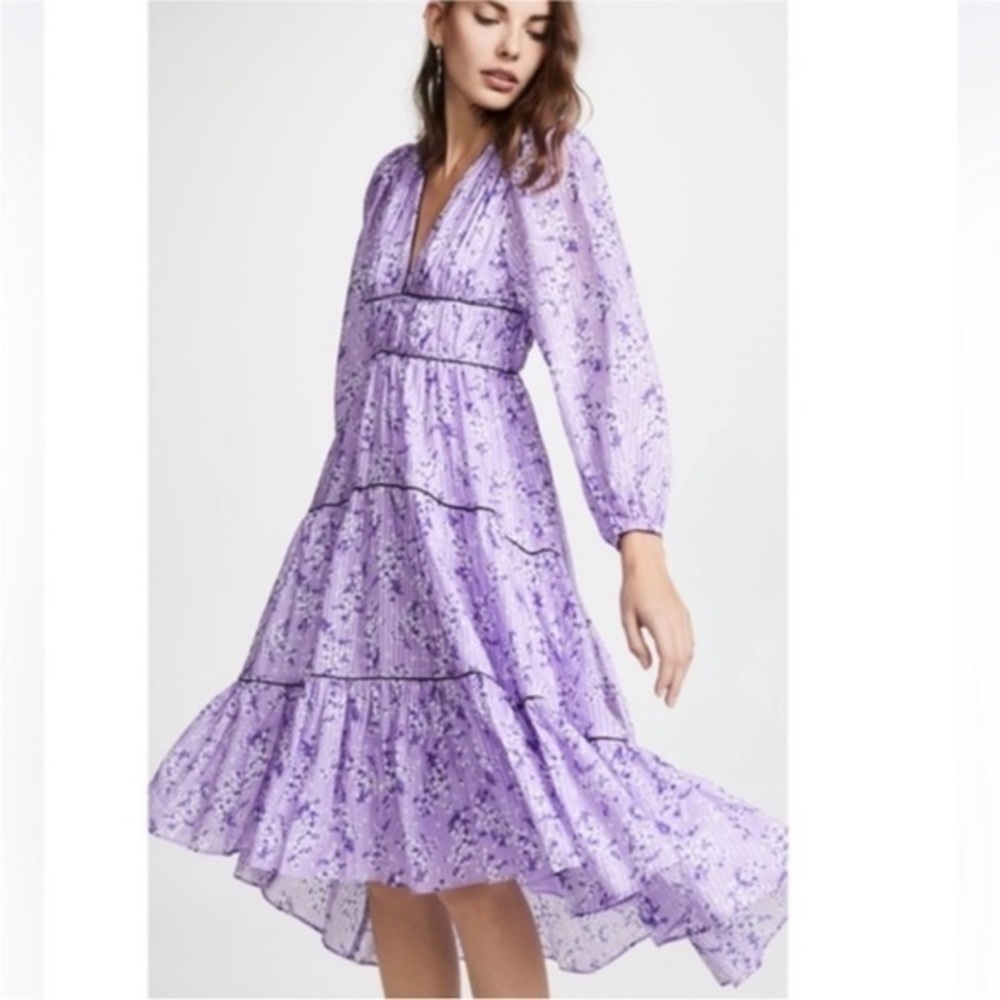 Ulla Johnson Joan Purple Floral Tiered Midi Dress Size 2